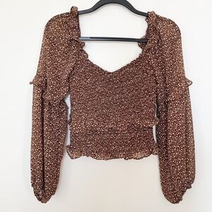 ASTR the Label Brown Floral Long Balloon Sleeve Smocked Top XS